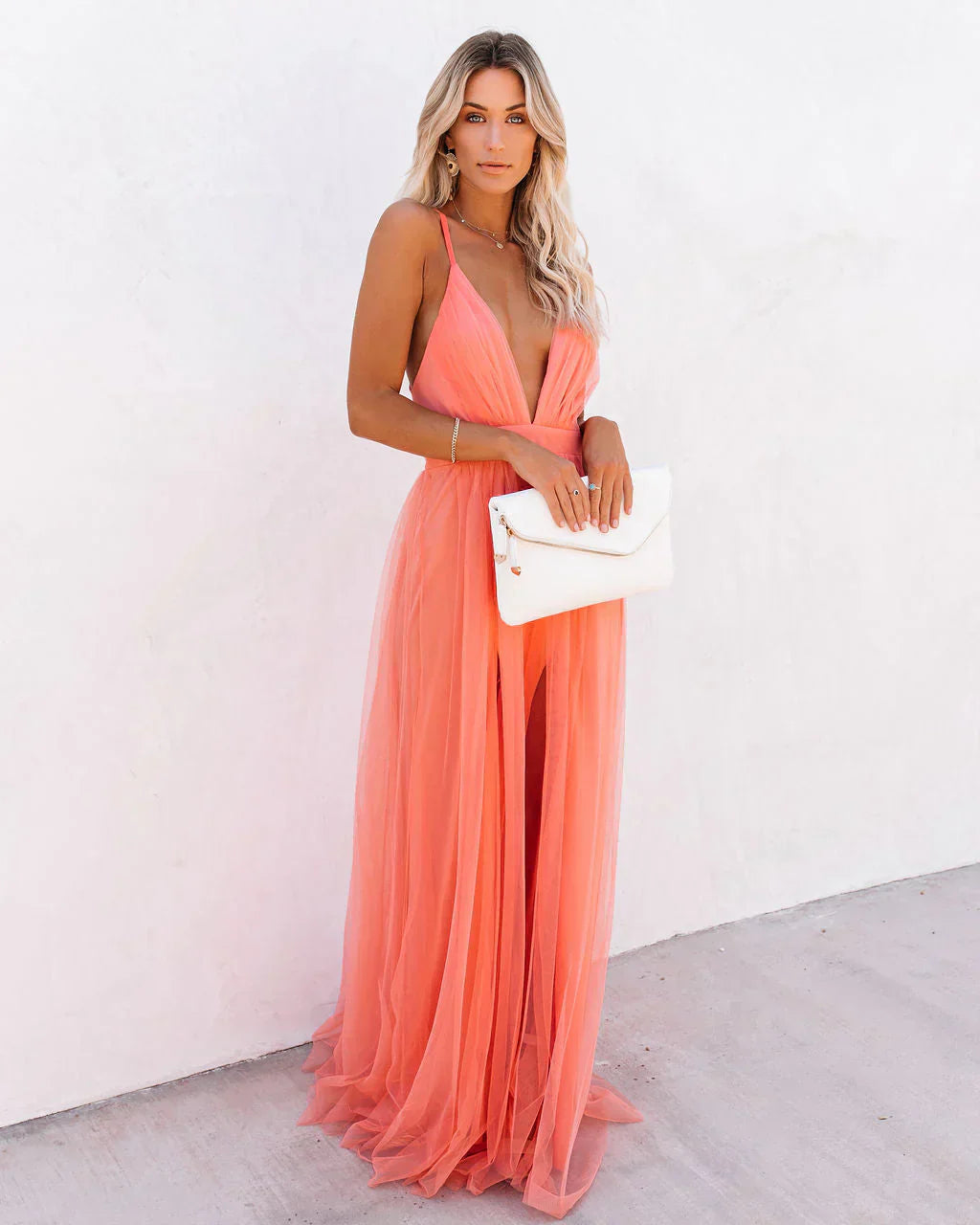 Woman's Orange V-Neck and Flared Wedding Guest Dress Elegant, Luxuri Dolce-Paris Woman's Orange V-Neck and Flared Wedding Guest Dress Elegant, Luxuri Dolce-Paris
