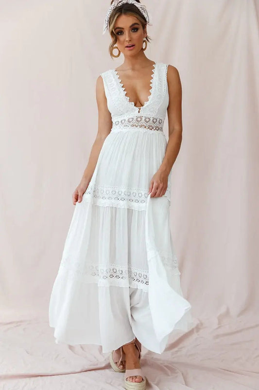 Bohemian White Long Dress for Women – Crochet Insets, Deep V-Neck, Flowing Fit, Summer Style