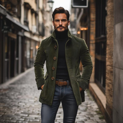 Manteau court ajusté en velours côtelé à col montant pour homme
