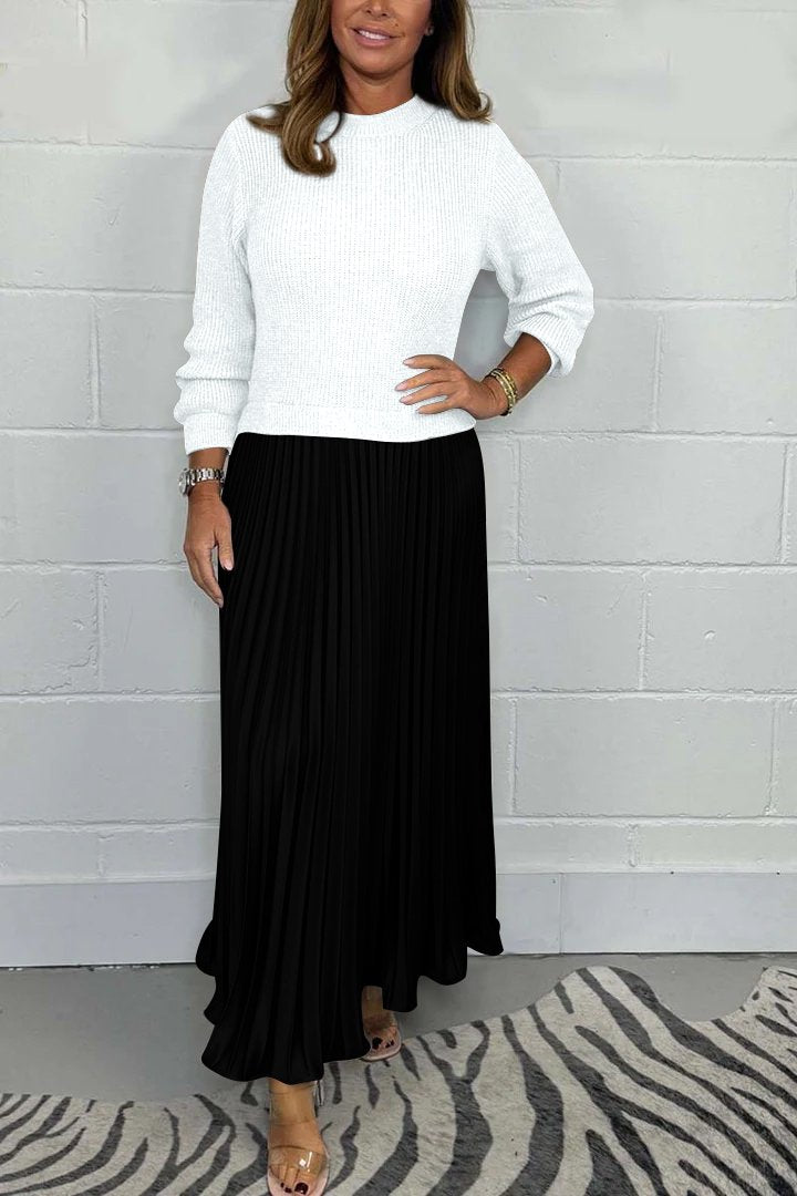 Ensemble femme élégant – Pull en maille et jupe plissée satinée deux pièces
