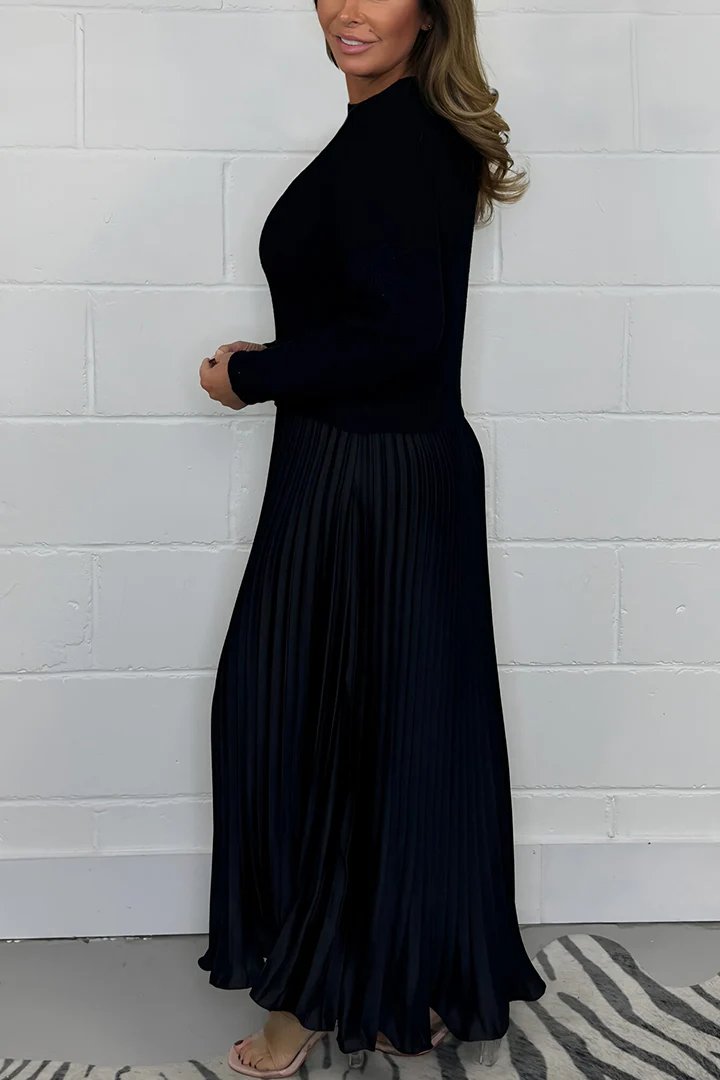 Ensemble femme élégant – Pull en maille et jupe plissée satinée deux pièces