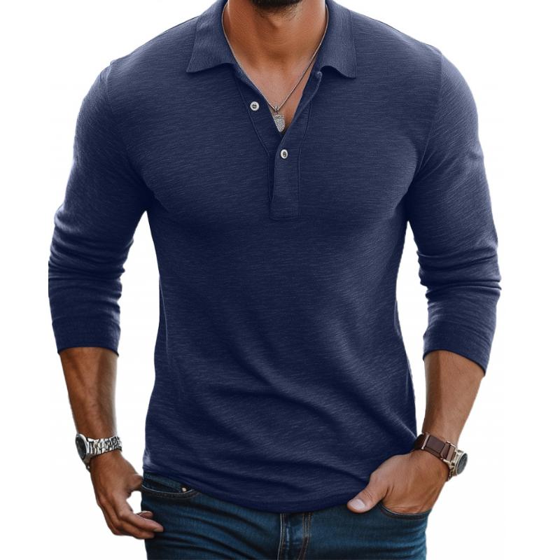 Polo Homme Décontracté en Mélange de Coton – Manches Longues Slim avec Col à Revers