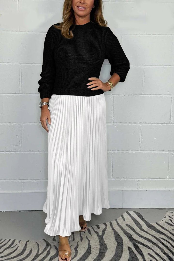 Ensemble femme élégant – Pull en maille et jupe plissée satinée deux pièces