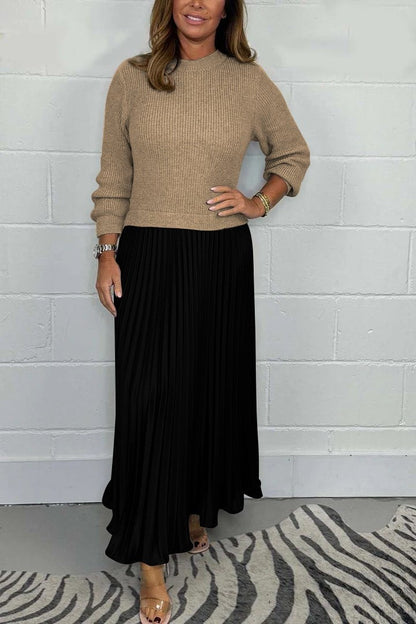Ensemble femme élégant – Pull en maille et jupe plissée satinée deux pièces