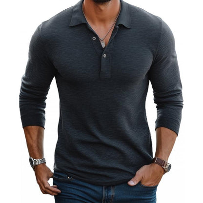 Polo Homme Décontracté en Mélange de Coton – Manches Longues Slim avec Col à Revers