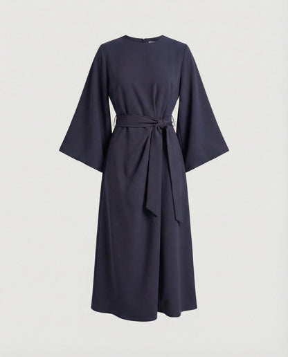 Robe Midi Élégante Femme – Coupe Portefeuille Ceinturée Manches Lanternes