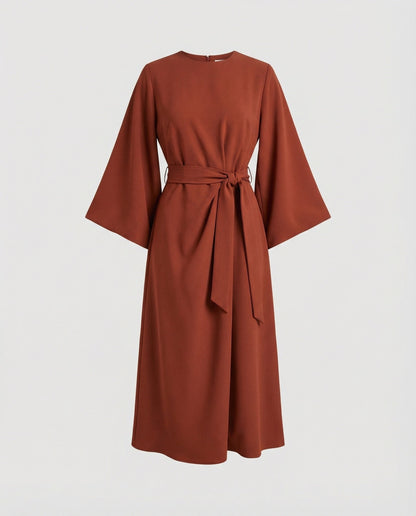 Robe Midi Élégante Femme – Coupe Portefeuille Ceinturée Manches Lanternes