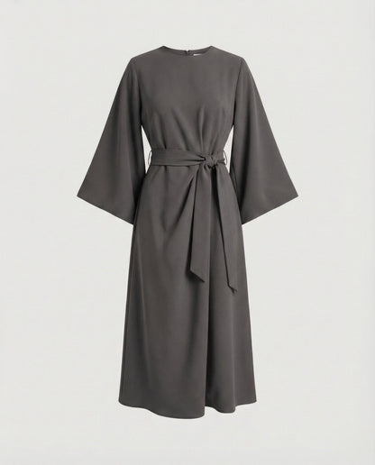 Robe Midi Élégante Femme – Coupe Portefeuille Ceinturée Manches Lanternes