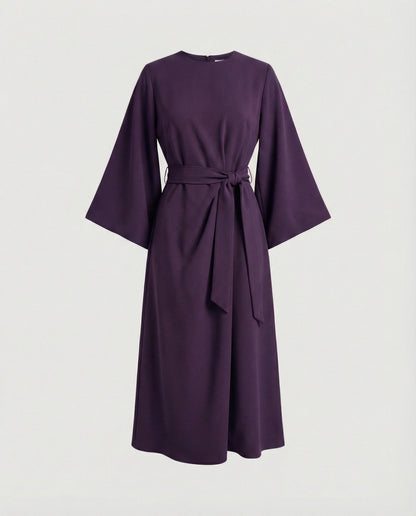Robe Midi Élégante Femme – Coupe Portefeuille Ceinturée Manches Lanternes