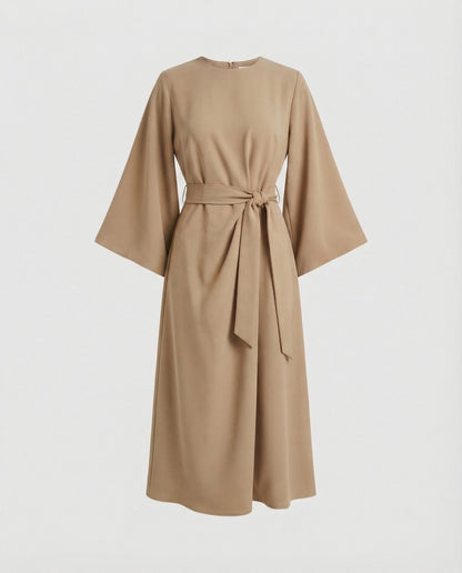 Robe Midi Élégante Femme – Coupe Portefeuille Ceinturée Manches Lanternes
