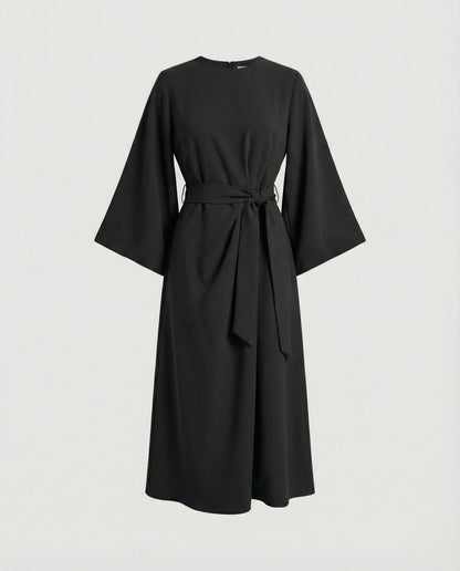 Robe Midi Élégante Femme – Coupe Portefeuille Ceinturée Manches Lanternes