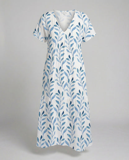 Robe d’Été Élégante Femme – Manches Courtes Aérées Imprimé Feuilles