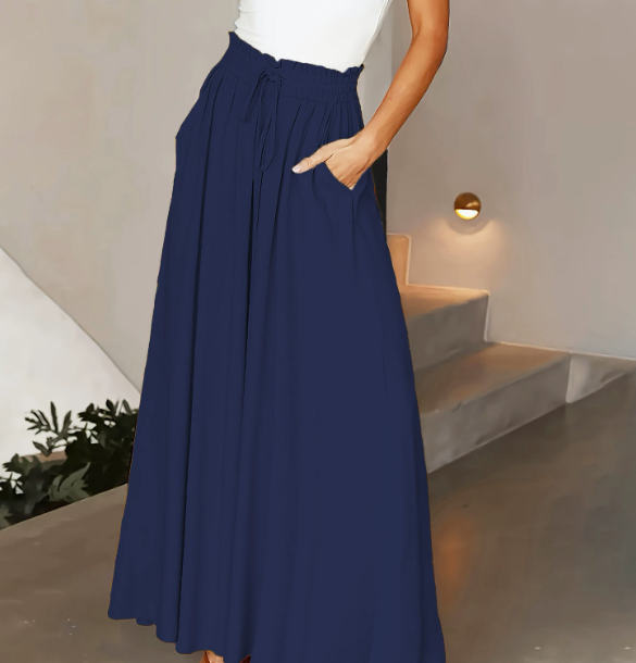 Pantalon Femme Jambe Large - Couleur Unie Élégante, Tissu Polyester Lisse Tissé - Décontracté Chic Toutes Saisons | Taille Micro-Élastique | Coupe Longue et Ample
