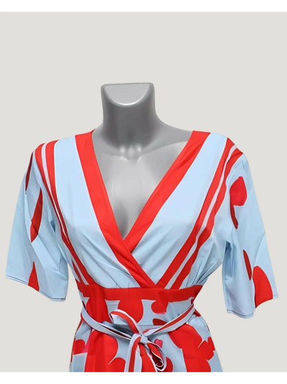 Robe longue imprimée florale élégante pour femmes – Col en V, manches courtes, style portefeuille