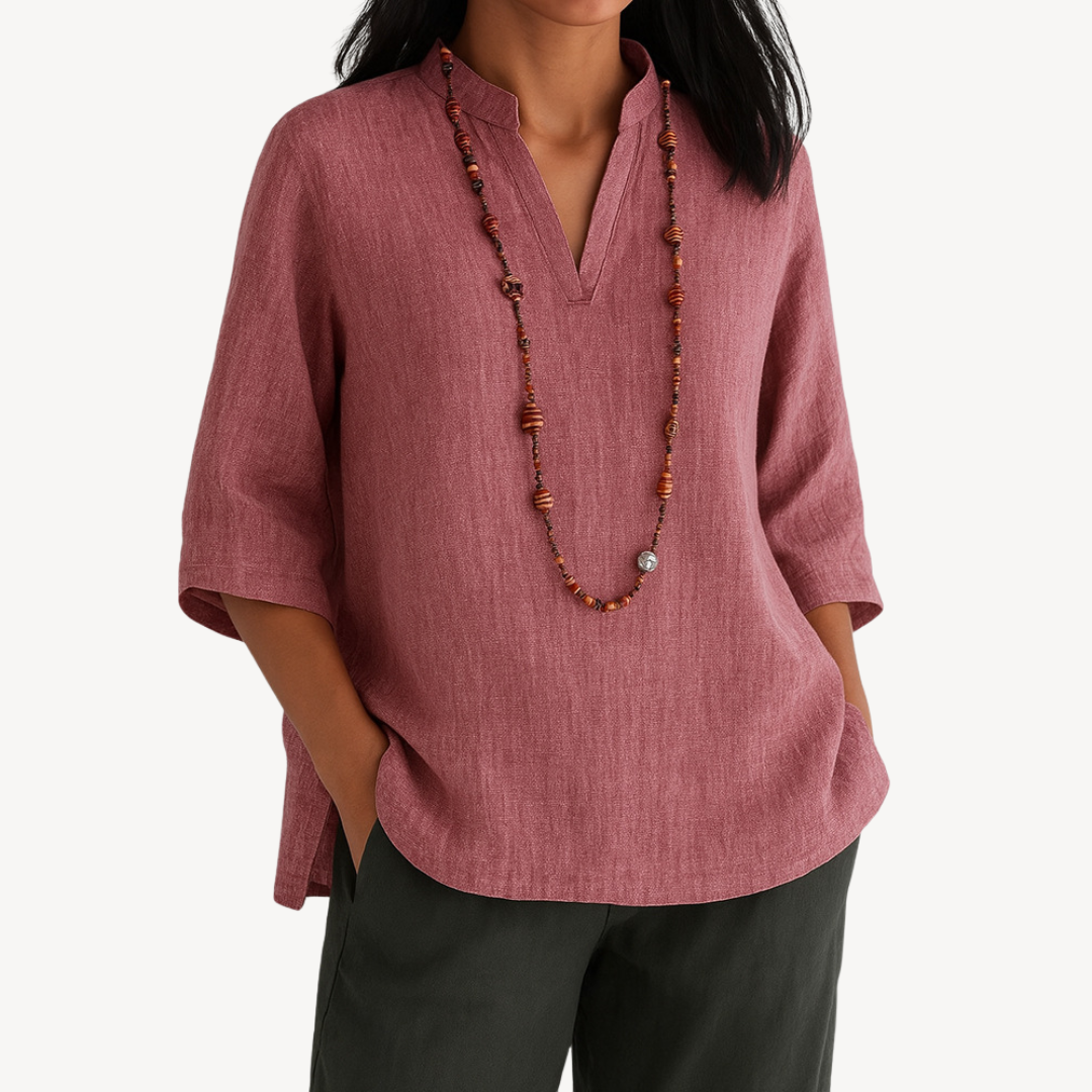 Chemise ample décontractée en coton et lin à col en V et manches trois-quarts pour femme