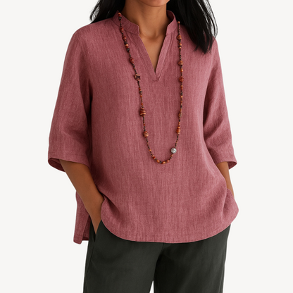 Chemise ample décontractée en coton et lin à col en V et manches trois-quarts pour femme