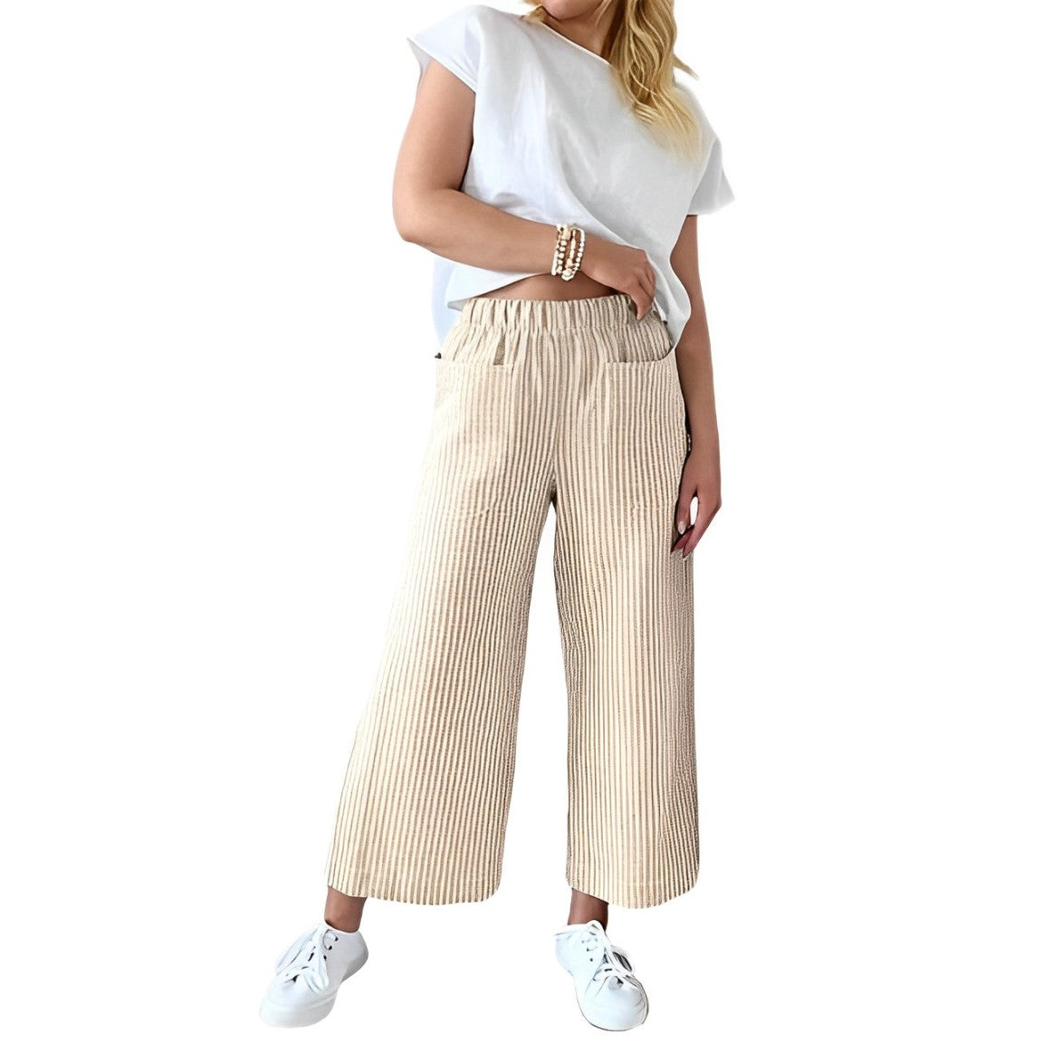 Pantalon en Coton Rayé Coupe Décontractée pour Femme – Pantalon Quotidien Décontracté
