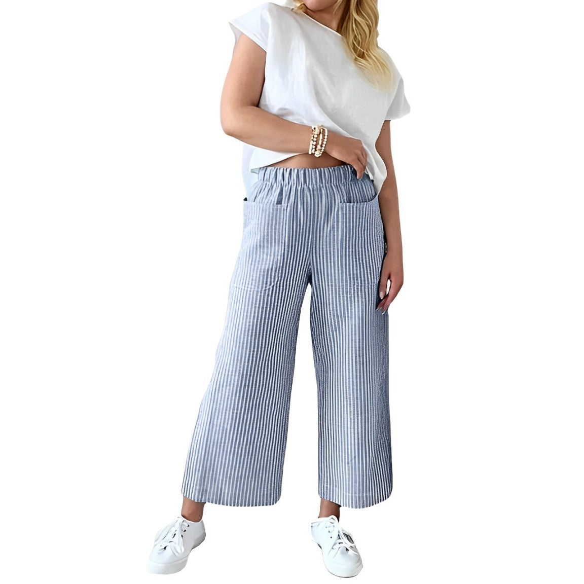 Pantalon en Coton Rayé Coupe Décontractée pour Femme – Pantalon Quotidien Décontracté