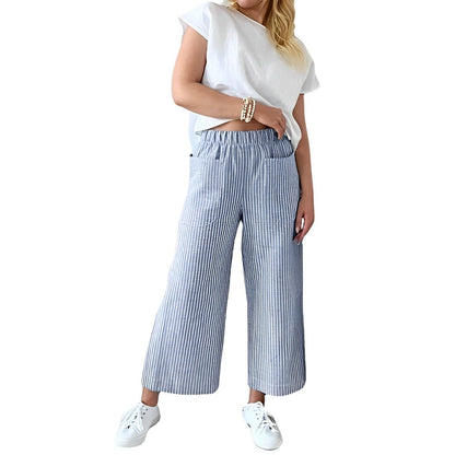 Pantalon en Coton Rayé Coupe Décontractée pour Femme – Pantalon Quotidien Décontracté