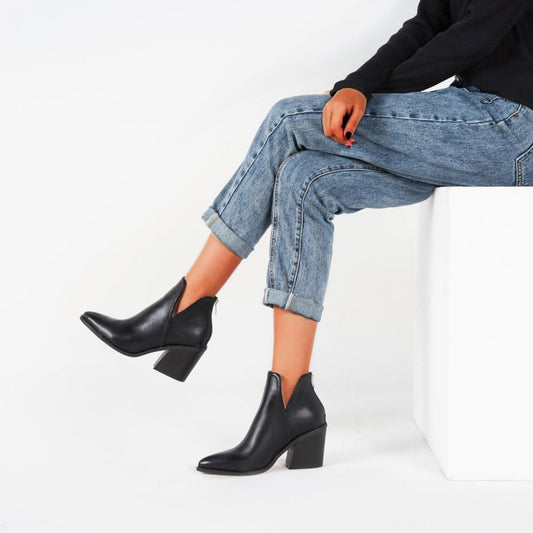 Femme Bottines Retro Cuir Synthétique Noir Talon Épais – Audacieuses