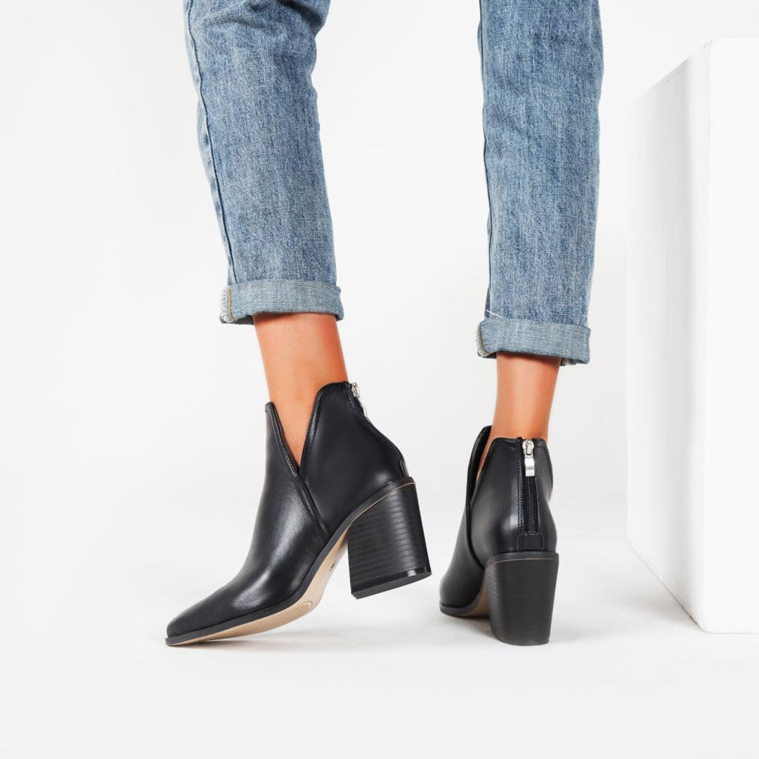 Femme Bottines Retro Cuir Synthétique Noir Talon Épais – Audacieuses