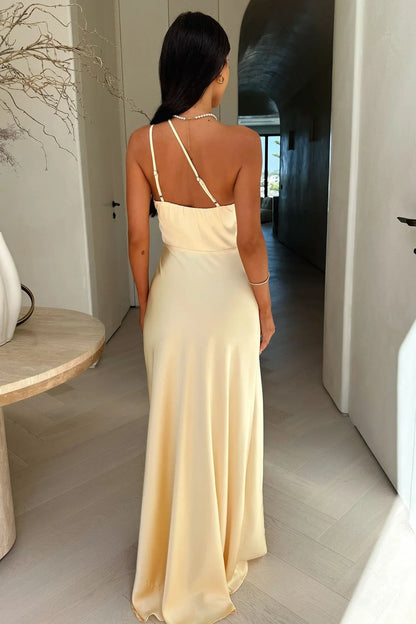 Robe Longue Asymétrique Femme Fendue – Beige Élégant