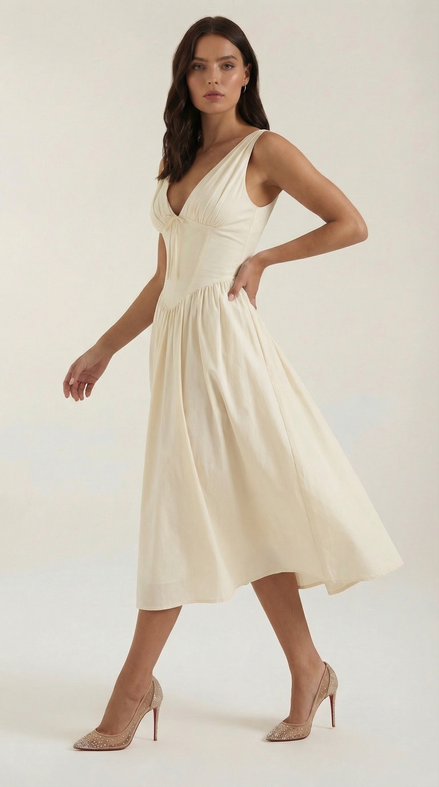 Robe Midi Élégante Femme – Décolleté en V Style Corset Évasé à Bretelles