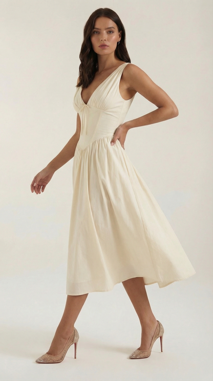 Robe Midi Élégante Femme – Décolleté en V Style Corset Évasé à Bretelles