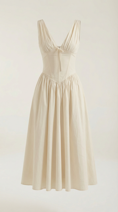 Robe Midi Élégante Femme – Décolleté en V Style Corset Évasé à Bretelles