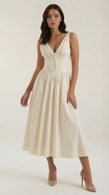 Robe Midi Élégante Femme – Décolleté en V Style Corset Évasé à Bretelles