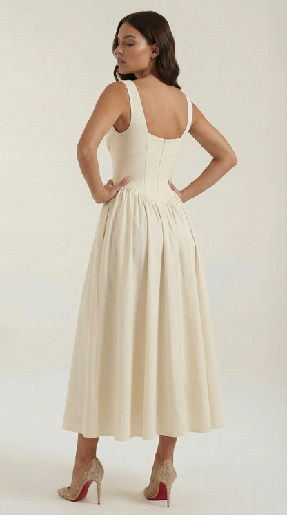 Robe Midi Élégante Femme – Décolleté en V Style Corset Évasé à Bretelles
