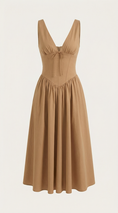 Robe Midi Élégante Femme – Décolleté en V Style Corset Évasé à Bretelles