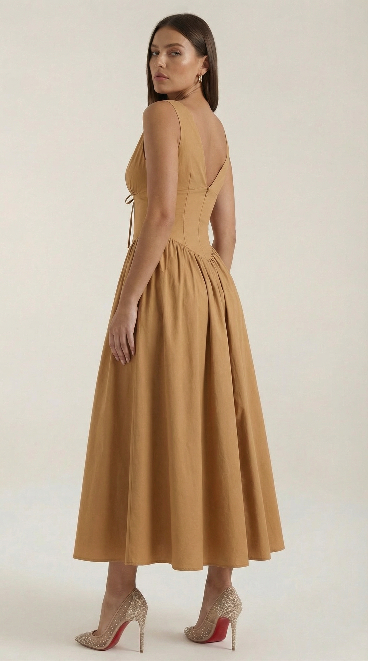 Robe Midi Élégante Femme – Décolleté en V Style Corset Évasé à Bretelles