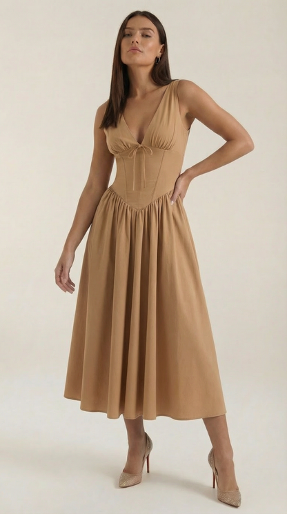 Robe Midi Élégante Femme – Décolleté en V Style Corset Évasé à Bretelles
