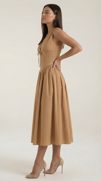 Robe Midi Élégante Femme – Décolleté en V Style Corset Évasé à Bretelles