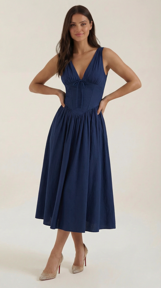 Elegant Midi Dress for Women – V-Neck Corset Style Flared with Straps
