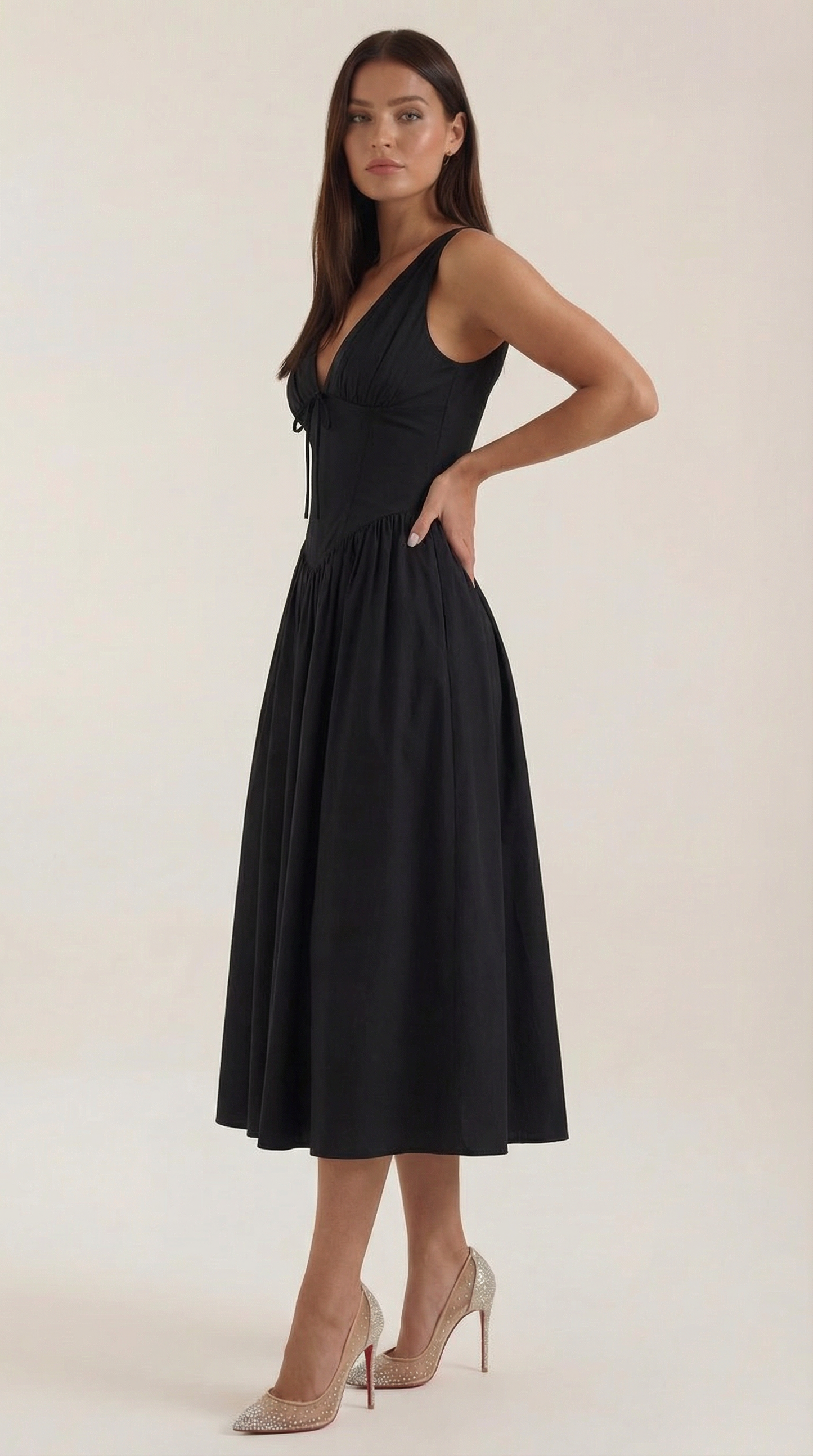 Robe Midi Élégante Femme – Décolleté en V Style Corset Évasé à Bretelles