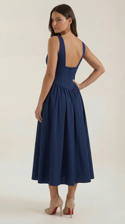 Robe Midi Élégante Femme – Décolleté en V Style Corset Évasé à Bretelles