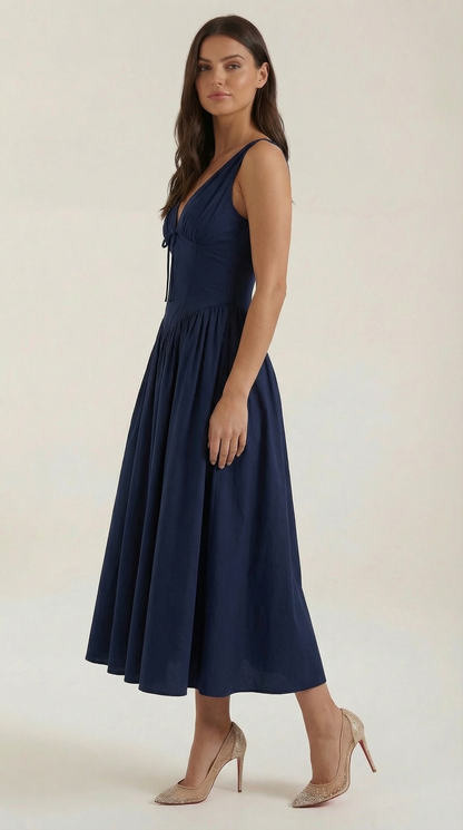 Robe Midi Élégante Femme – Décolleté en V Style Corset Évasé à Bretelles