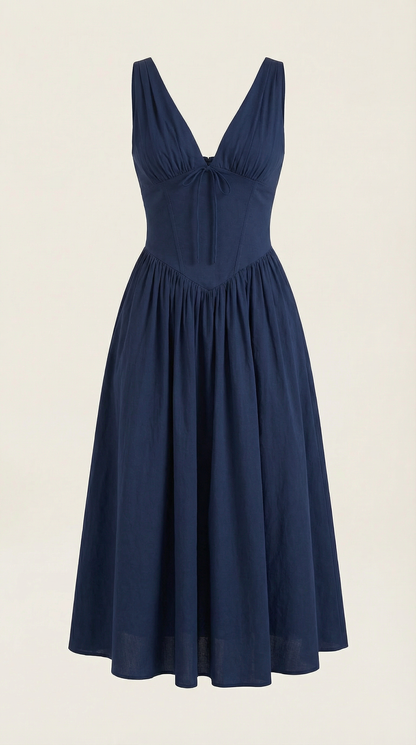 Robe Midi Élégante Femme – Décolleté en V Style Corset Évasé à Bretelles