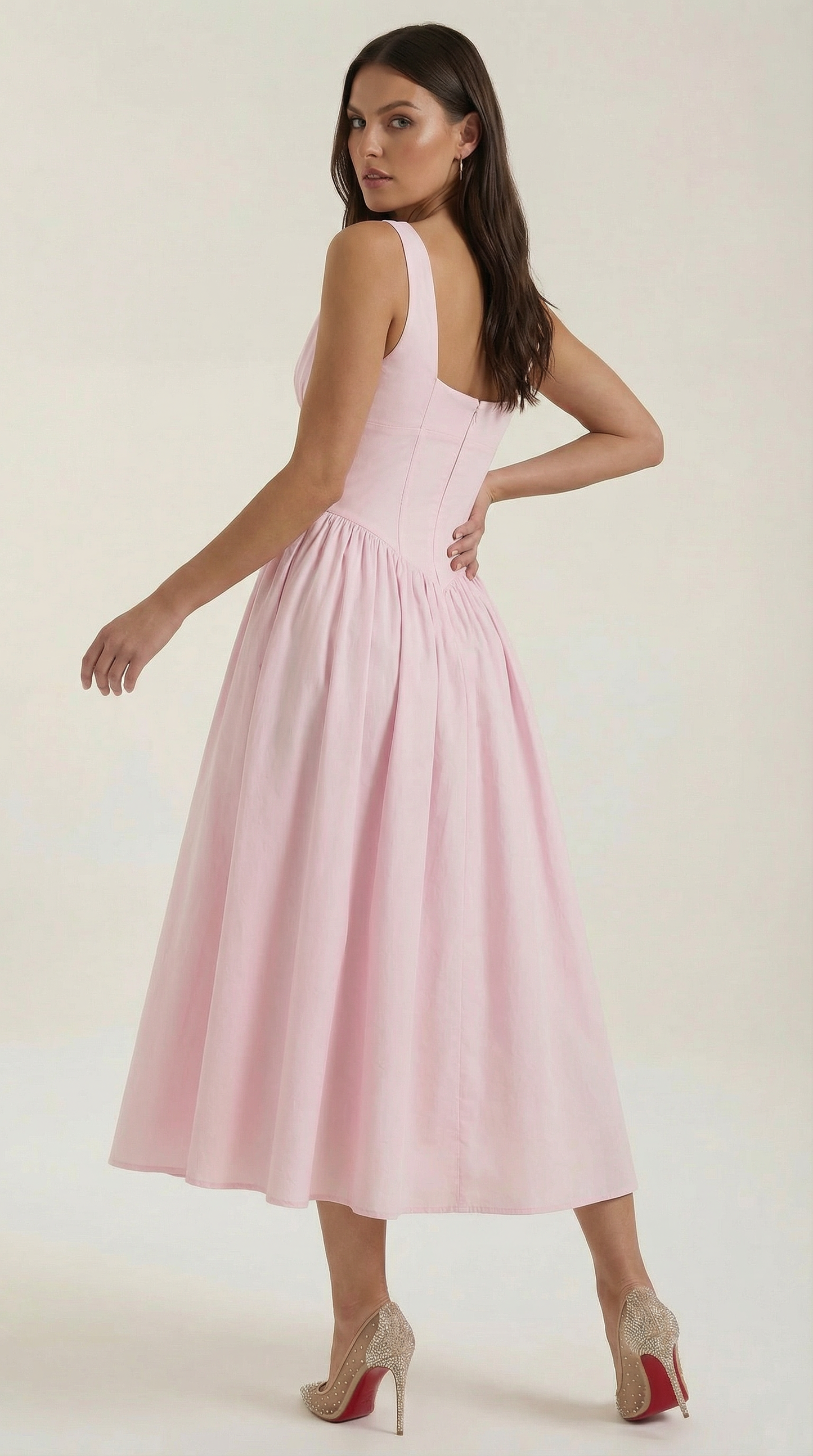 Robe Midi Élégante Femme – Décolleté en V Style Corset Évasé à Bretelles