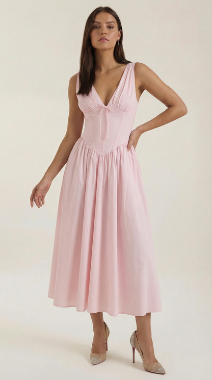 Robe Midi Élégante Femme – Décolleté en V Style Corset Évasé à Bretelles