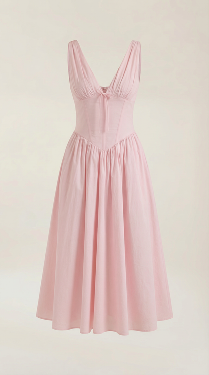 Robe Midi Élégante Femme – Décolleté en V Style Corset Évasé à Bretelles