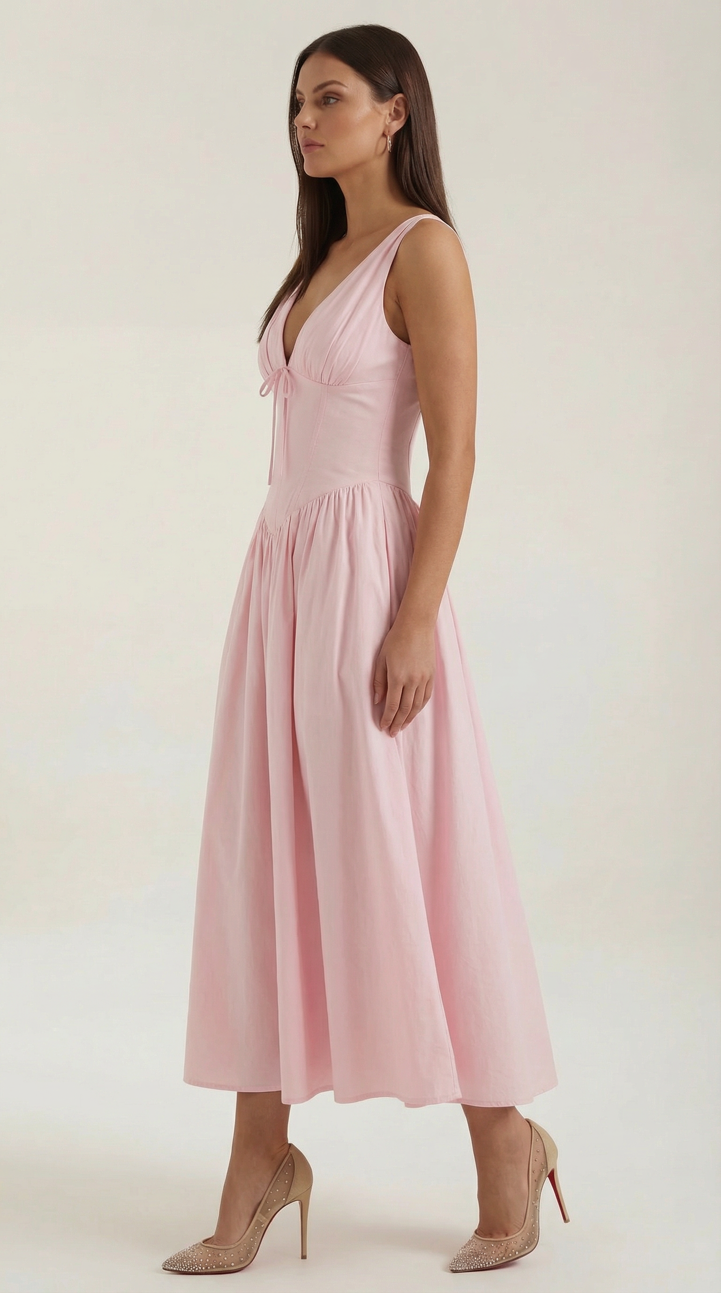 Robe Midi Élégante Femme – Décolleté en V Style Corset Évasé à Bretelles