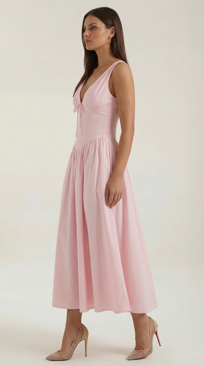 Robe Midi Élégante Femme – Décolleté en V Style Corset Évasé à Bretelles