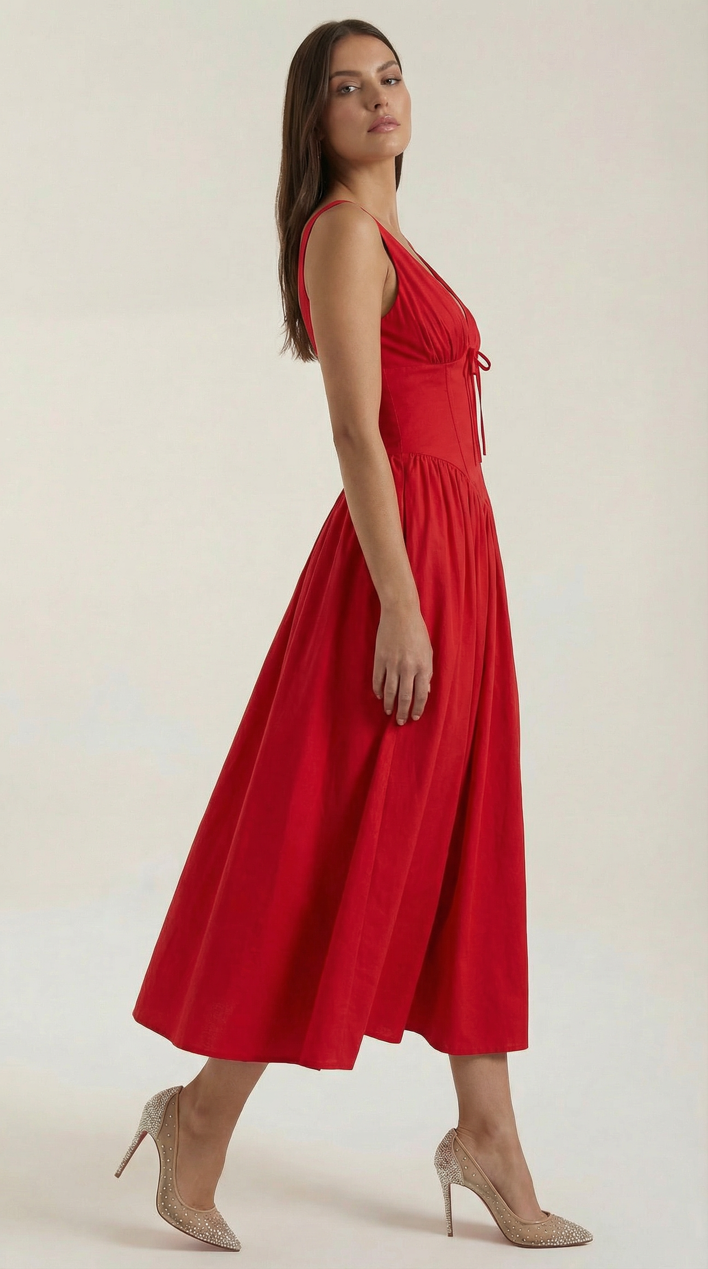 Robe Midi Élégante Femme – Décolleté en V Style Corset Évasé à Bretelles