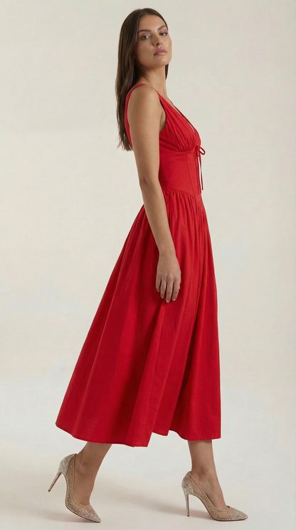Robe Midi Élégante Femme – Décolleté en V Style Corset Évasé à Bretelles
