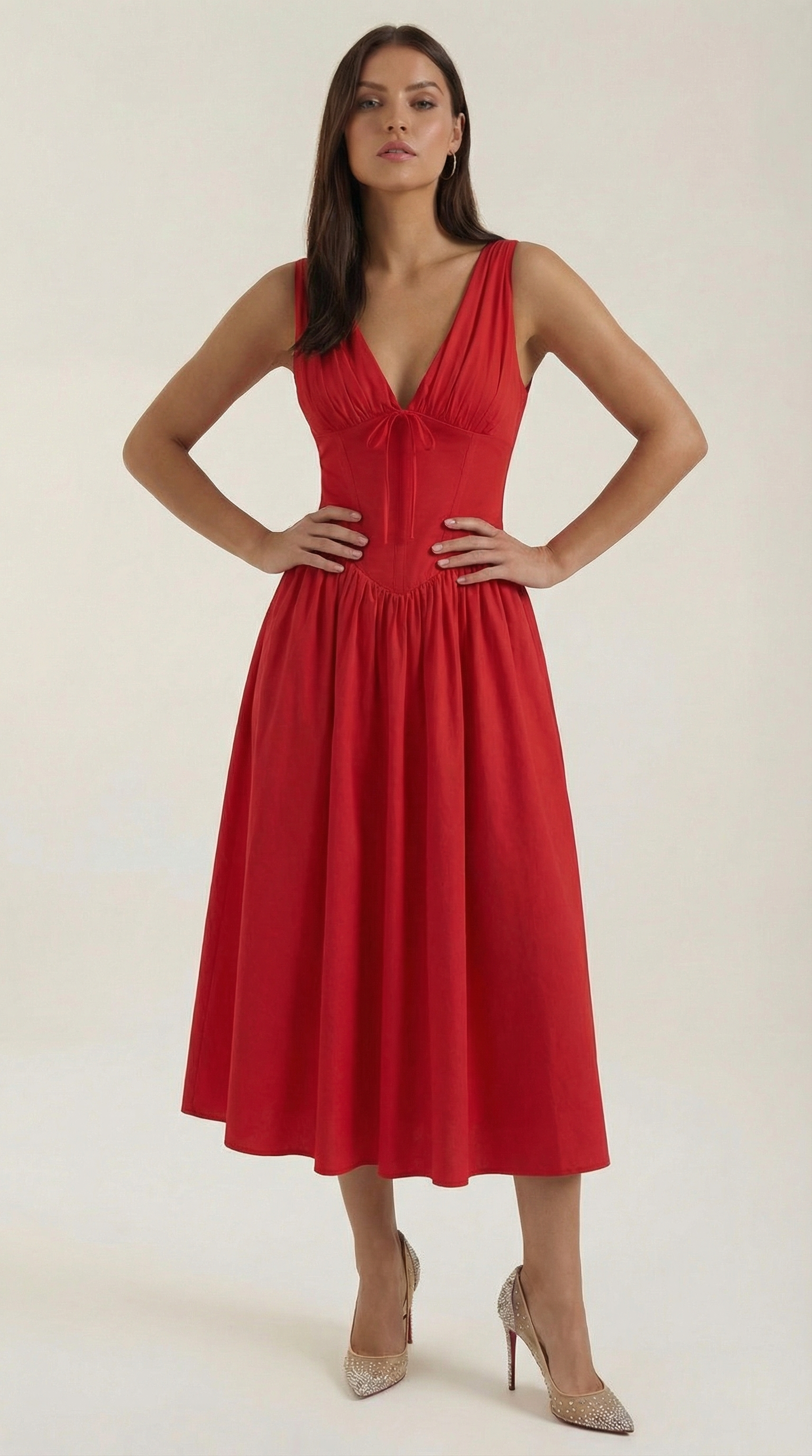 Robe Midi Élégante Femme – Décolleté en V Style Corset Évasé à Bretelles