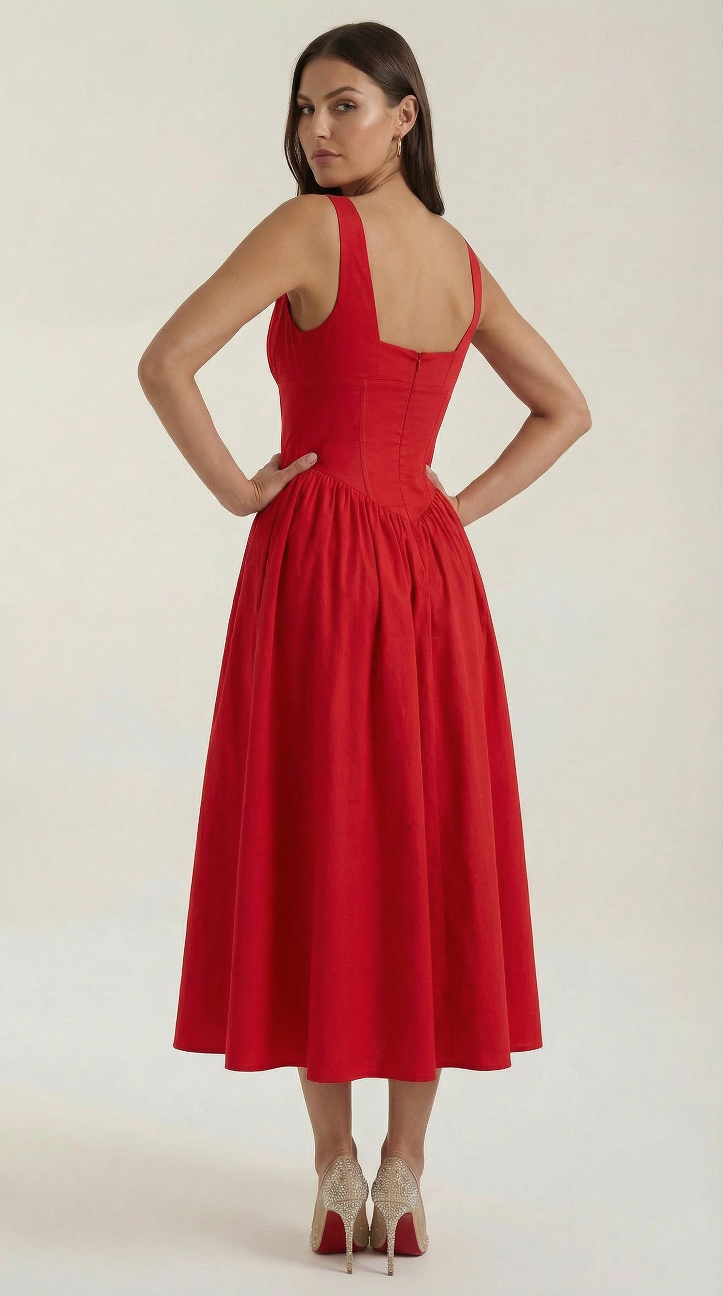 Robe Midi Élégante Femme – Décolleté en V Style Corset Évasé à Bretelles