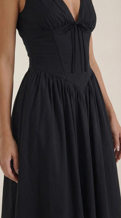 Robe Midi Élégante Femme – Décolleté en V Style Corset Évasé à Bretelles